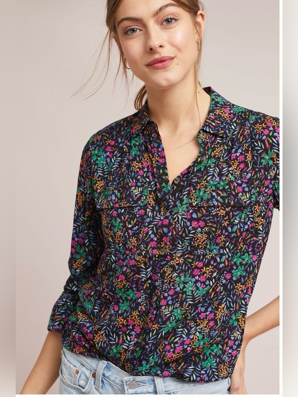 maeve anthropologie womens floral button up blouse shirt black multi size 0